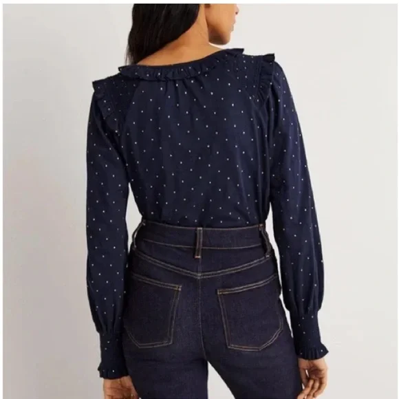 • Boden • Women’s Notch Neck Smocked Frill Top 
- Polka Dot Navy Blue / Gold 2 - Picture 2 of 4